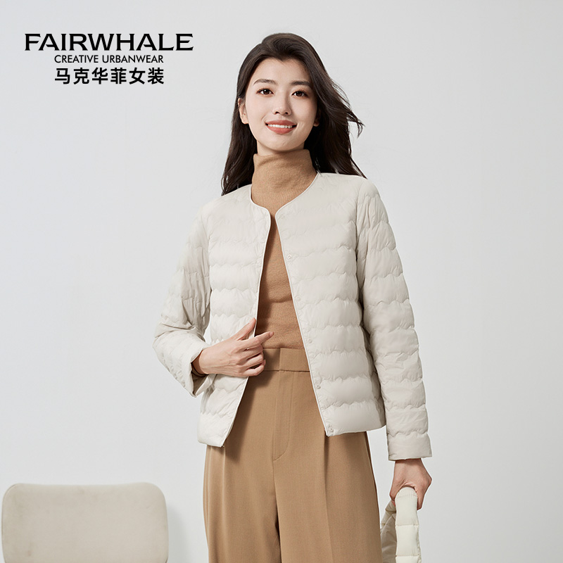马克华菲水波纹轻薄羽绒服女款2025冬季新款圆领V领两穿百搭外套