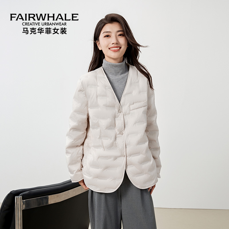 马克华菲西装羽绒服女V领短款时尚宽松韩版2025冬季新款轻暖外套