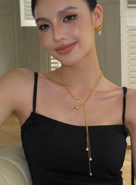 Boonee alus高级感玫瑰花朵抽拉项链女ins小众锆石金色长款锁骨