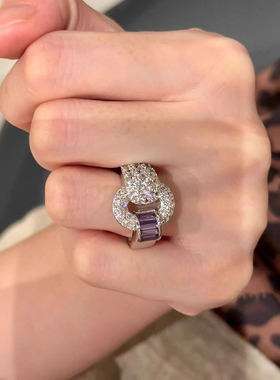 小红书爆款几何满钻圆环扣爆闪紫钻戒指女大气显贵款指环一件