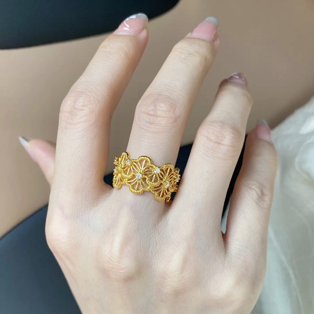 金店同款沙金饰品镂空点钻蕾丝花丝开口戒指复古宫廷风高级感指环,淘宝优惠券,粉丝福利购,淘宝优惠卷