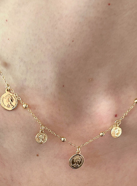 小红书爆款中古金色古币项链复古叠戴时尚小众锁骨链轻奢一件