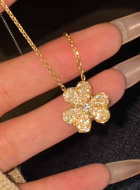 真金24K电镀强保色经典幸运三叶草项链满钻花瓣花朵项链轻奢小众