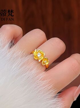 新中式沙金梦中情花点钻玫瑰花项链耳钉戒指小众轻奢高级感锁骨链