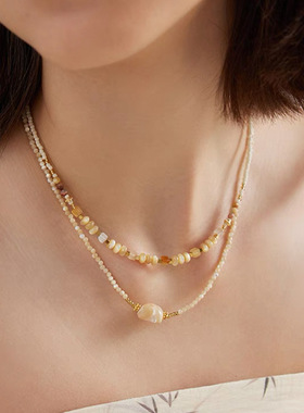 天然石串珠叠戴项链双层中古高级感马蹄罗锁骨链小众设计颈链