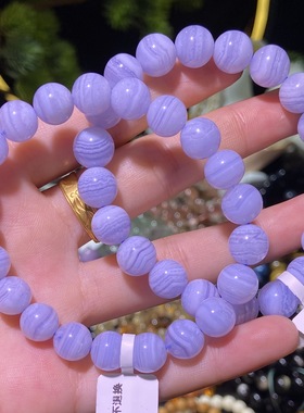 天然 蓝纹（蕾丝）玛瑙圆珠手链 天蓝色条纹蓝玛瑙手链