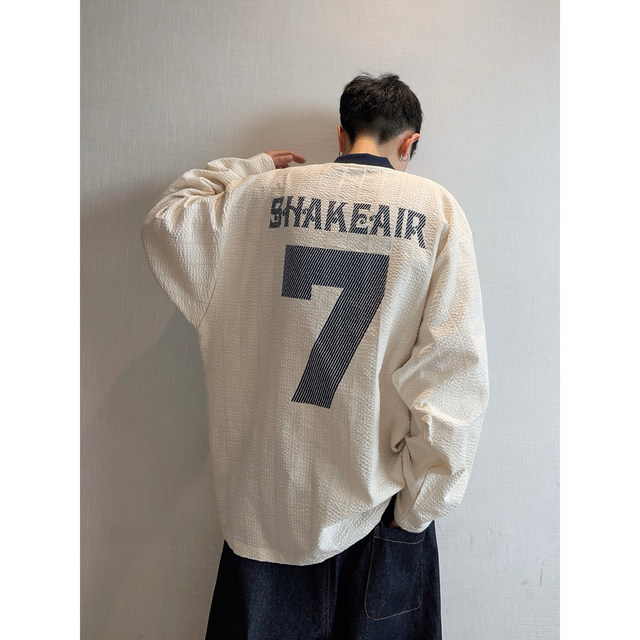 Dannyandzee spring retro all-match loose V-neck letter printed pleated seersucker shirt jersey for men