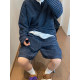 Dannyandzee spring retro all-match lazy blue and black henley collar long-sleeved shorts striped suit for men INS