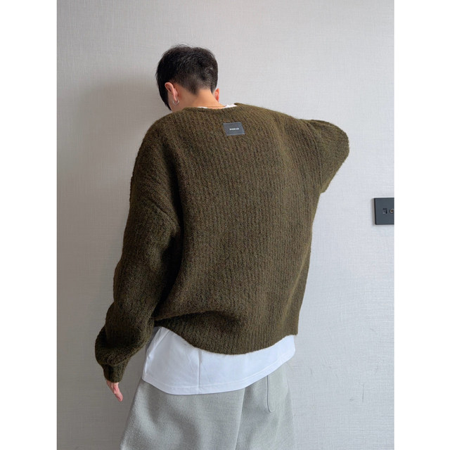 Dannyandzee spring retro all-match solid color brushed drawstring design round neck pullover sweater for male couples