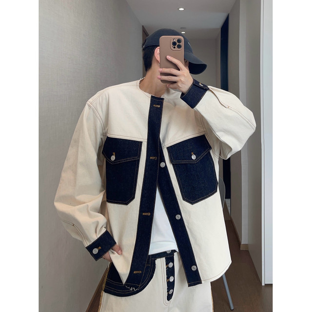 Dannyandzee spring retro off-white spliced ​​denim breasted raw edge collarless pocket jacket for men