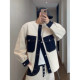 Dannyandzee spring retro off-white spliced ​​denim breasted raw edge collarless pocket jacket for men