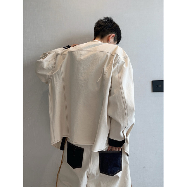 Dannyandzee spring retro off-white spliced ​​denim breasted raw edge collarless pocket jacket for men