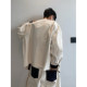 Dannyandzee spring retro off-white spliced ​​denim breasted raw edge collarless pocket jacket for men
