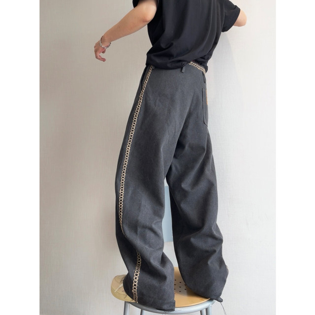 Dannyandzee spring and summer charcoal gray beaded canvas raw edge webbing spliced ​​straight pants men's overalls trousers INS