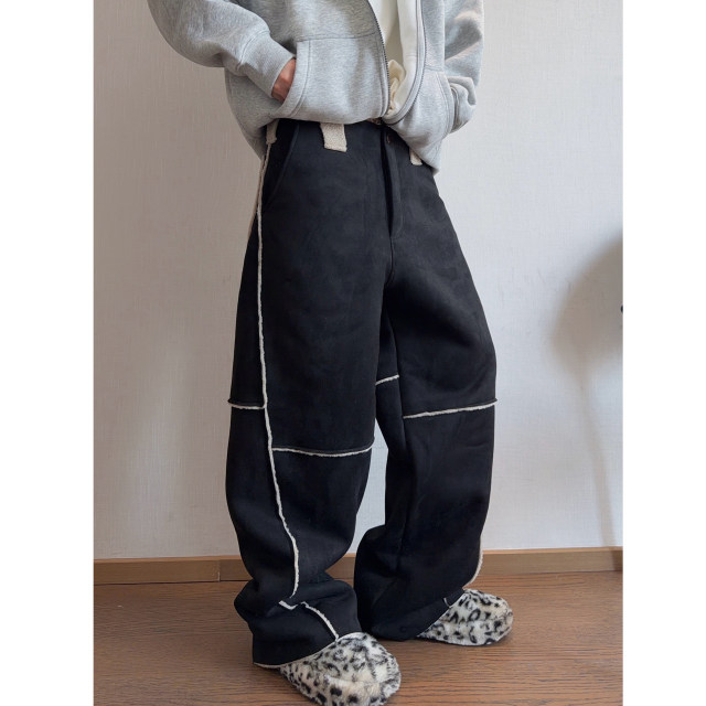 Dannyandzee winter retro heavyweight velvet thickened warm and stain-resistant black fur one-piece casual pants for men