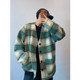 Green plaid plush V-neck woolen jacket
