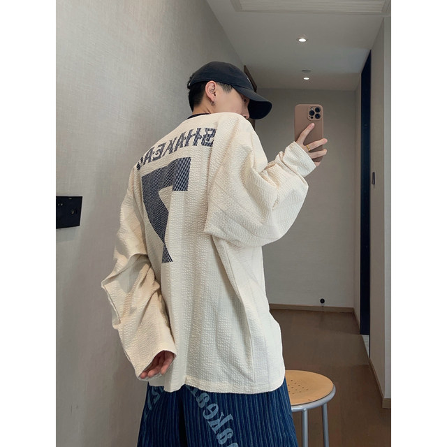 Dannyandzee spring retro all-match loose V-neck letter printed pleated seersucker shirt jersey for men