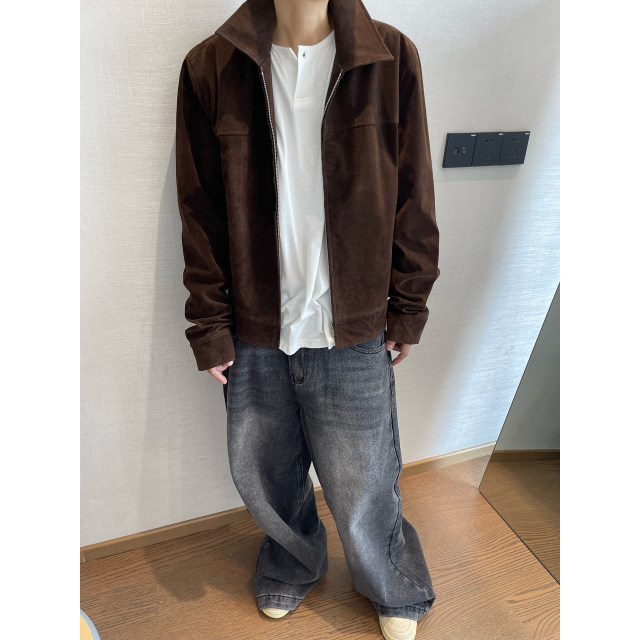 Dannyandzee spring retro versatile dark brown lapel fitted suede PU leather jacket for men INS