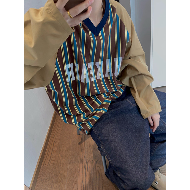 Dannyandzee autumn retro all-match letter print striped splicing raglan sleeves long sleeves V-neck TEE men's INS