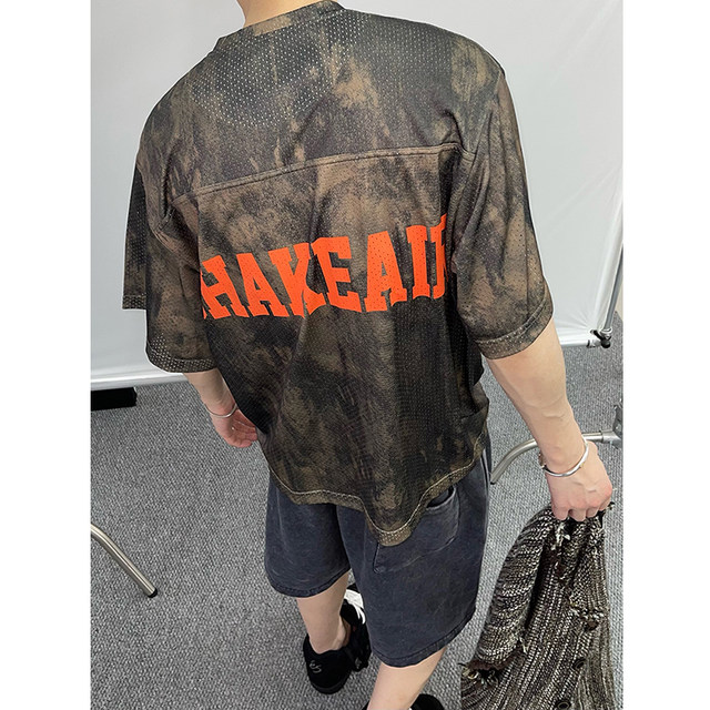 Dannyandzee summer retro street military green tie-dye loose digital printing mesh large short-sleeved T-shirt for men