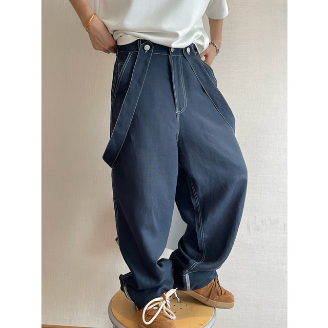 Dannyandzee summer versatile navy blue linen topstitch streamers curled straight pants trousers overalls for men