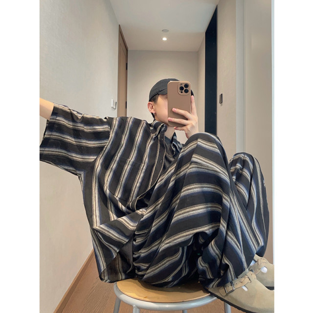 Dannyandzee summer loose retro versatile black thin vertical striped cotton linen short-sleeved shirt men's shirt