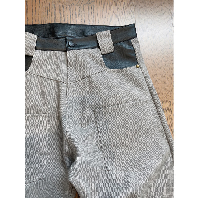 Dannyandzee spring retro cement gray washed canvas splicing PU leather micro-flared overalls men's trousers INS