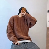 Демисезонный ретро кофейный трикотажный брендовый свитер, свободный крой, круглый воротник