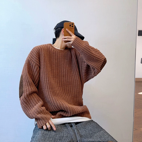 Демисезонный ретро кофейный трикотажный брендовый свитер, свободный крой