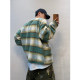 Green plaid plush V-neck woolen jacket