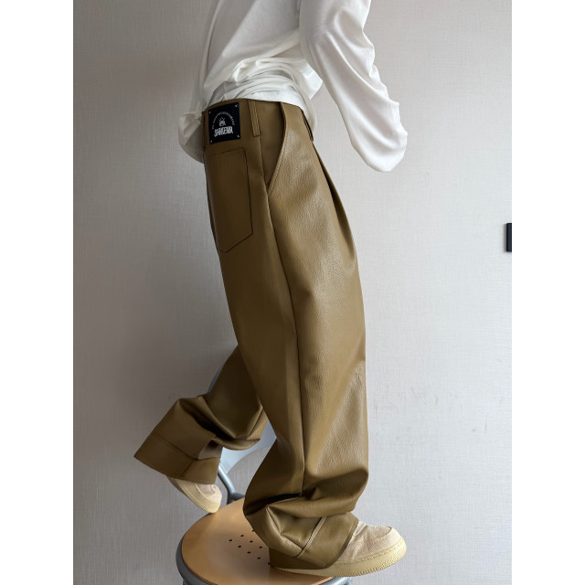 Dannyandzee spring retro versatile solid color loose warm windproof PU leather straight casual pants for men