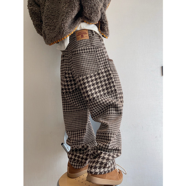 Dannyandzee spring irregular brown houndstooth retro heavyweight warm woolen casual pants men's trousers