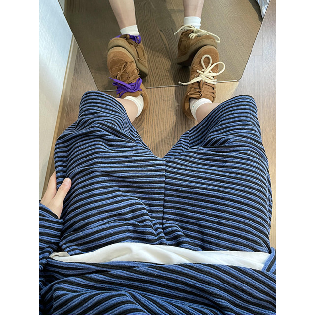 Dannyandzee spring retro all-match lazy blue and black henley collar long-sleeved shorts striped suit for men INS
