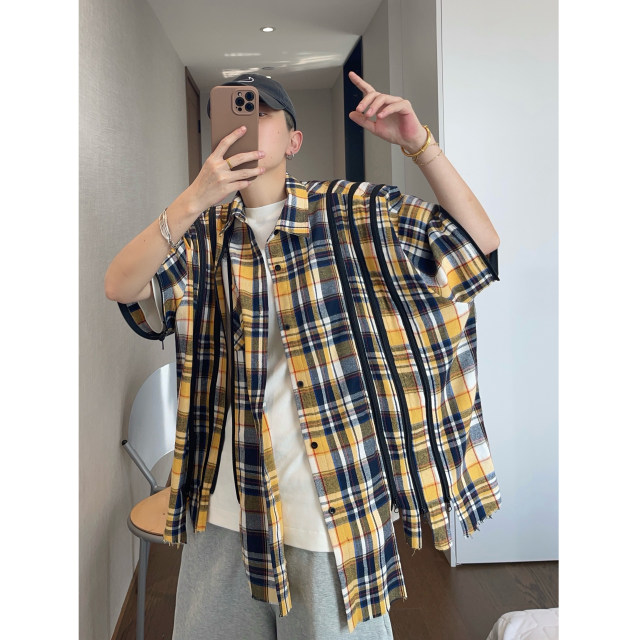 Dannyandzee spring and summer colorful yellow and blue plaid retro stitching OVERSIZE detachable long-sleeved shirt for men
