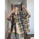Dannyandzee spring and summer colorful yellow and blue plaid retro stitching OVERSIZE detachable long-sleeved shirt for men