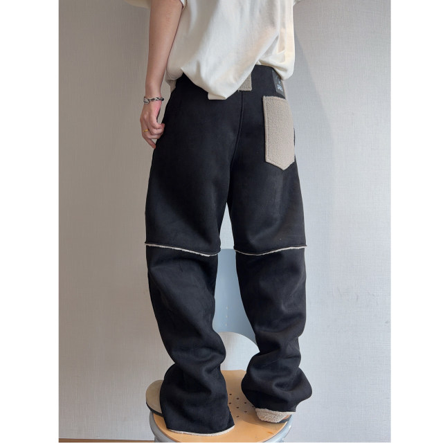 Dannyandzee winter retro heavyweight velvet thickened warm and stain-resistant black fur one-piece casual pants for men