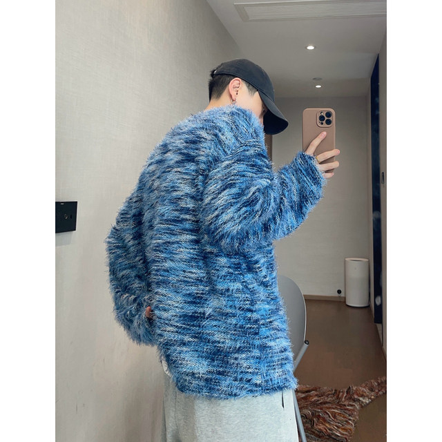 Dannyandzee spring retro gradient color mixed color collarless loose furry long-sleeved T-shirt men's bottoming shirt couple