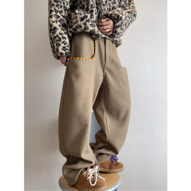 Dannyandzee spring retro tiger pattern webbing loose thickened brown warm woolen material scimitar pants men's trousers
