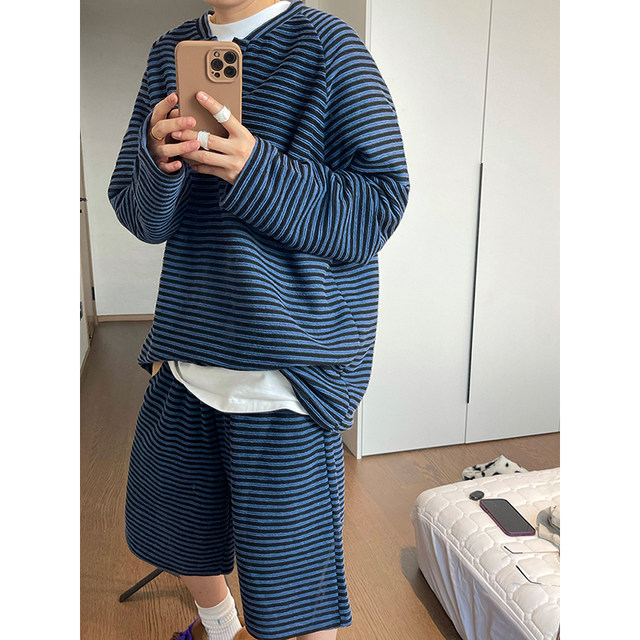 Dannyandzee spring retro all-match lazy blue and black henley collar long-sleeved shorts striped suit for men INS