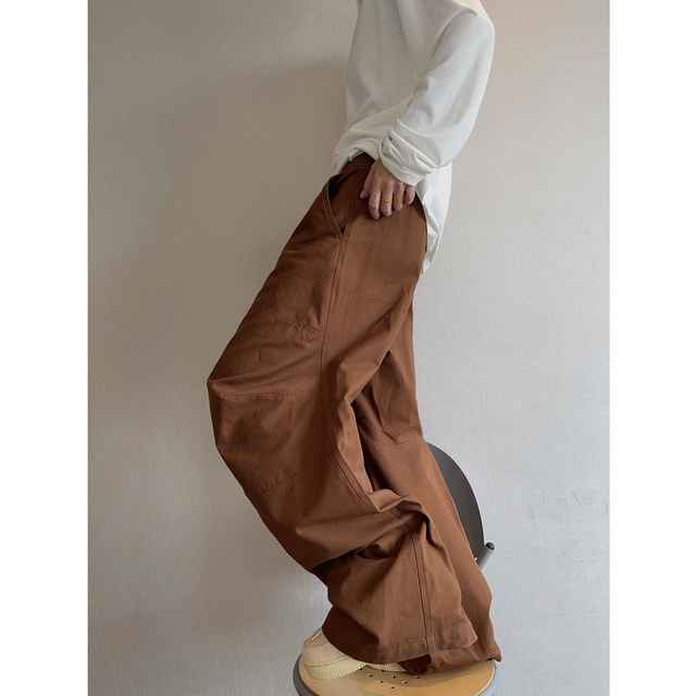 Dannyandzee spring retro all-match washed distressed brown tiger pattern canvas scimitar pants overalls for men INS
