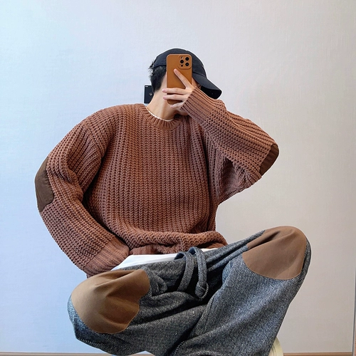 Демисезонный ретро кофейный трикотажный брендовый свитер, свободный крой