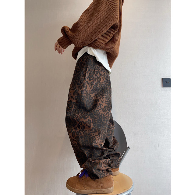 Dannyandzee spring retro versatile brown ginger twill canvas leopard print scimitar pants overalls