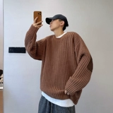 Демисезонный ретро кофейный трикотажный брендовый свитер, свободный крой, круглый воротник