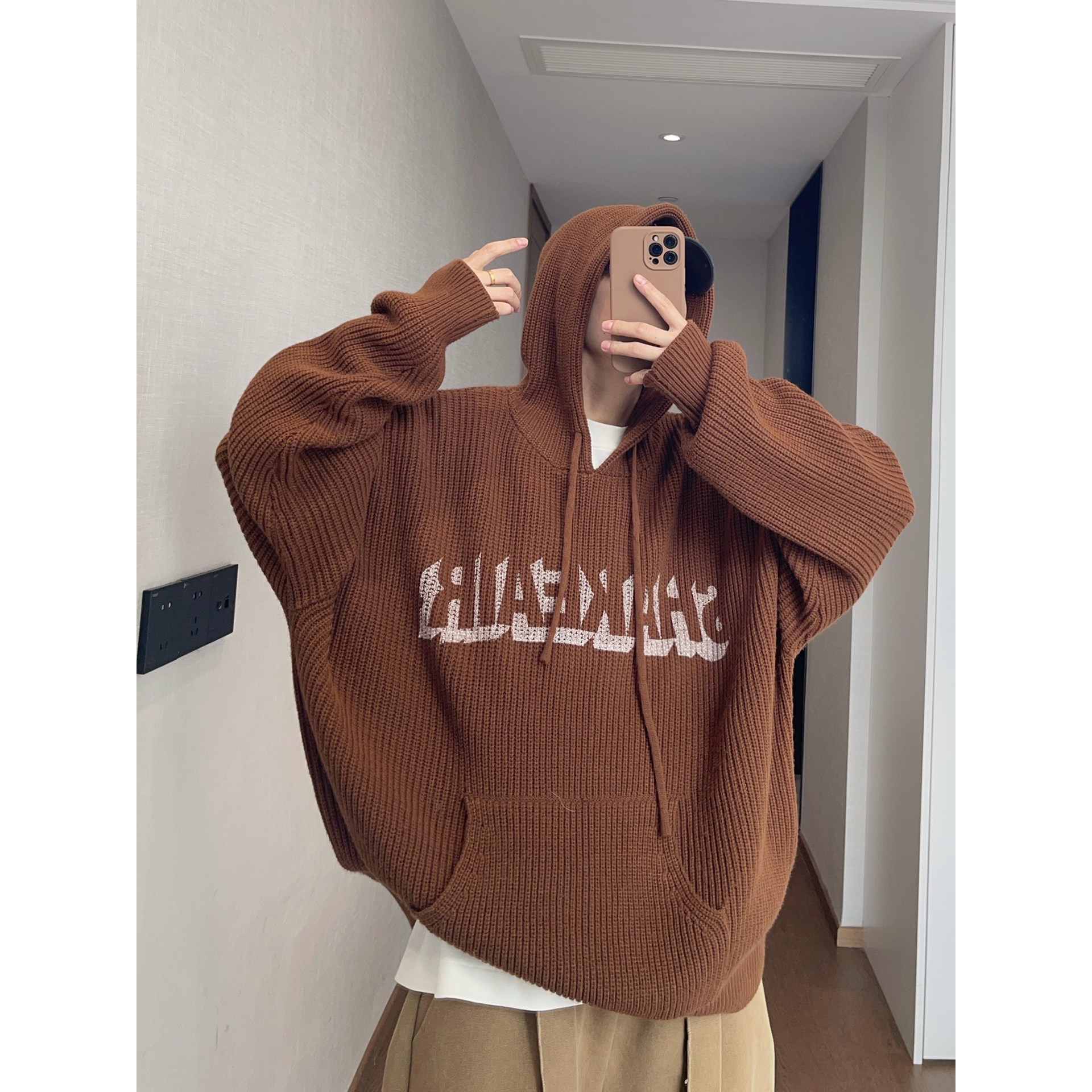 dannyandzee秋季复古百搭慵懒风宽松咸蛋黄色连帽针织毛衣外套男 - 图0