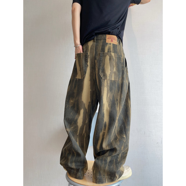 Dannyandzee spring retro army green camouflage tie-dyed twill canvas wide-leg overalls men's trousers INS