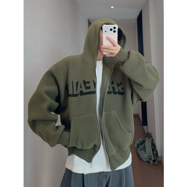 Dannyandzee winter retro thickened double-sided brushed warm hooded zipper letter sweatshirt jacket for men INS