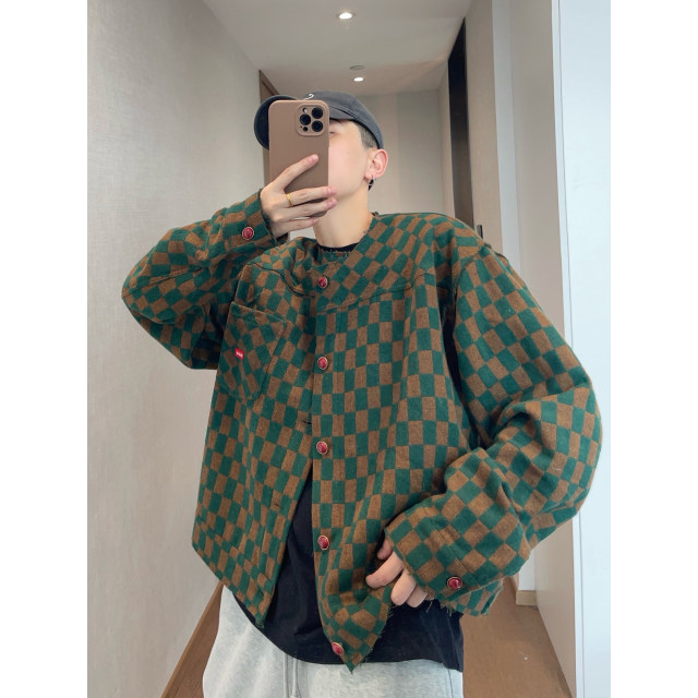 Dannyandzee spring retro loose green checkerboard contrast plaid collarless fur edge jacket for men