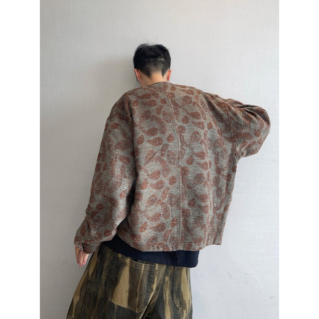 Dannyandzee spring retro cashew flower turquoise buckle contrast jacquard collarless woolen jacket for men