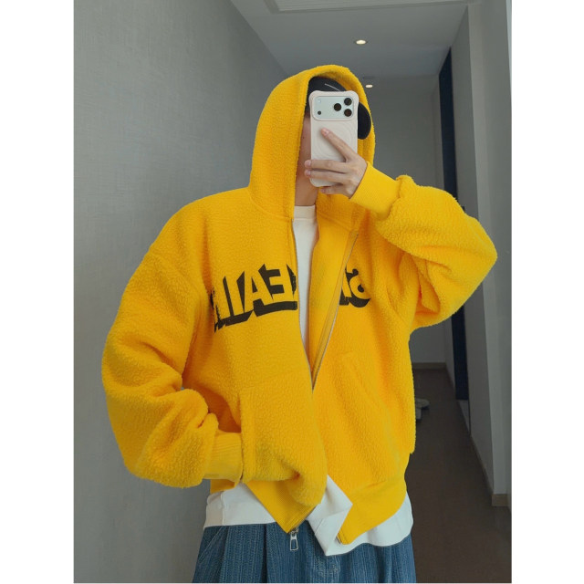 Dannyandzee winter retro thickened double-sided brushed warm hooded zipper letter sweatshirt jacket for men INS