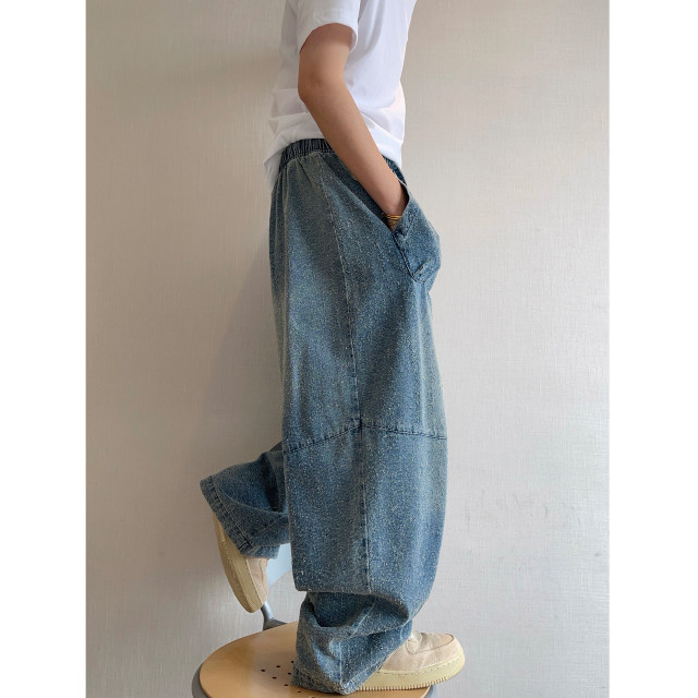 Dannyandzee spring and summer ripped heavy washed loose kangaroo pocket elastic waist ripped hook pattern jeans for men INS